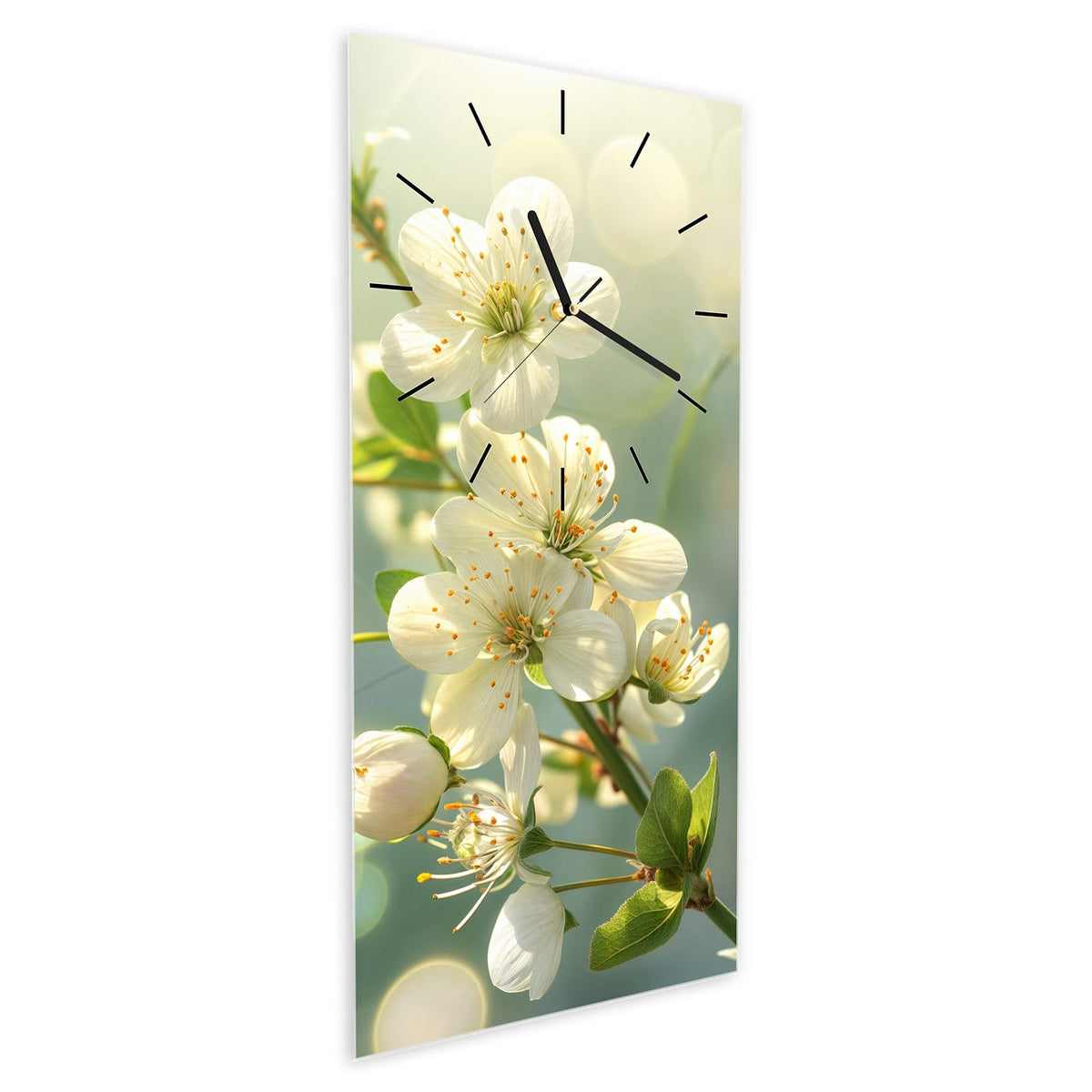 Wanduhr aus Glas im Hochformat Weiße Blüten vor Grün schräg von der Seite, 4 mm starkes Glas