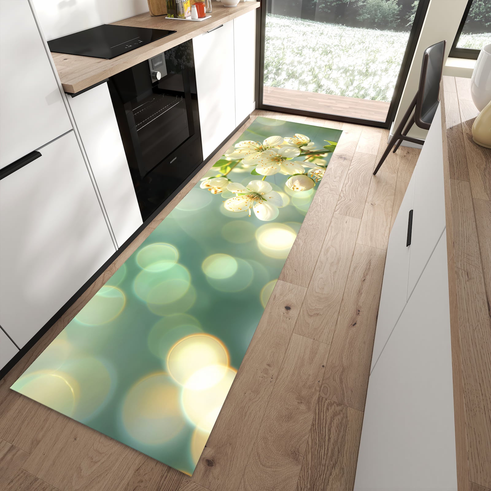 Fleckenresistenter Bodenläufer mit Motiv Frühlingserwachen in moderner Küche