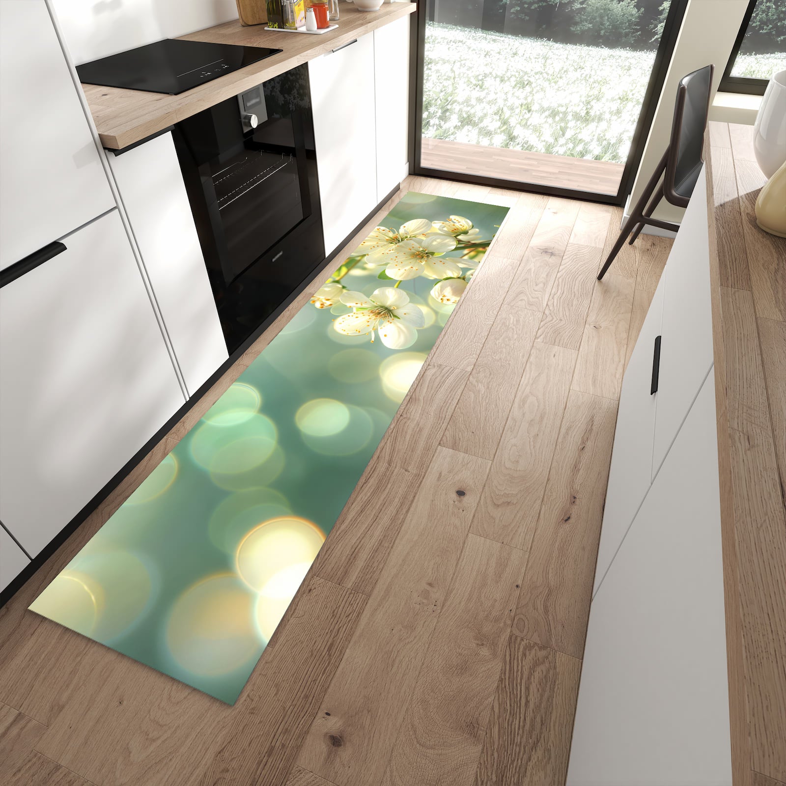 Geräuschdämpfender dünner Küchenteppich mit Motiv Frühlingserwachen in moderner Küche