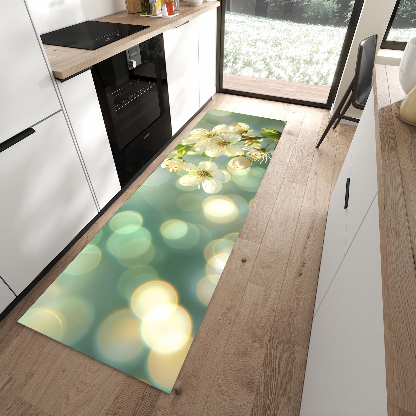 Wasserabweisender Bodenläufer mit Motiv Frühlingserwachen in moderner Küche