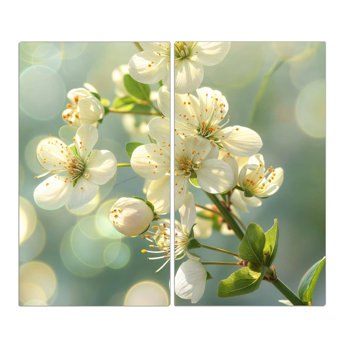 weiße Blüten mit gelben Staubgefäßen vor mintgrünem Bokeh