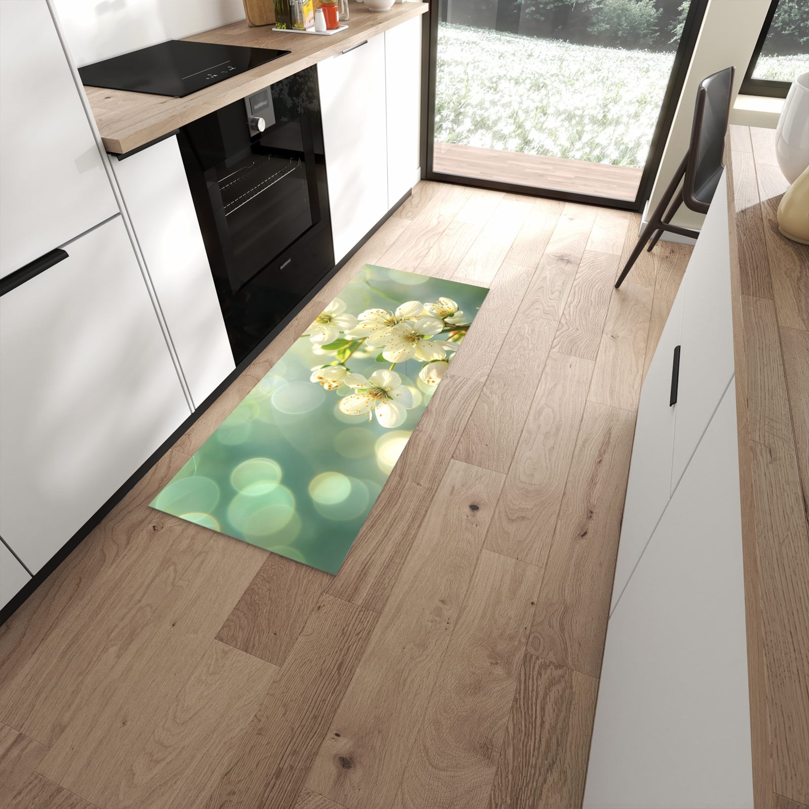 Formstabiler Läufer mit Motiv Frühlingserwachen in moderner Küche für rutschfesten Stand #grösse_60 x 150 cm