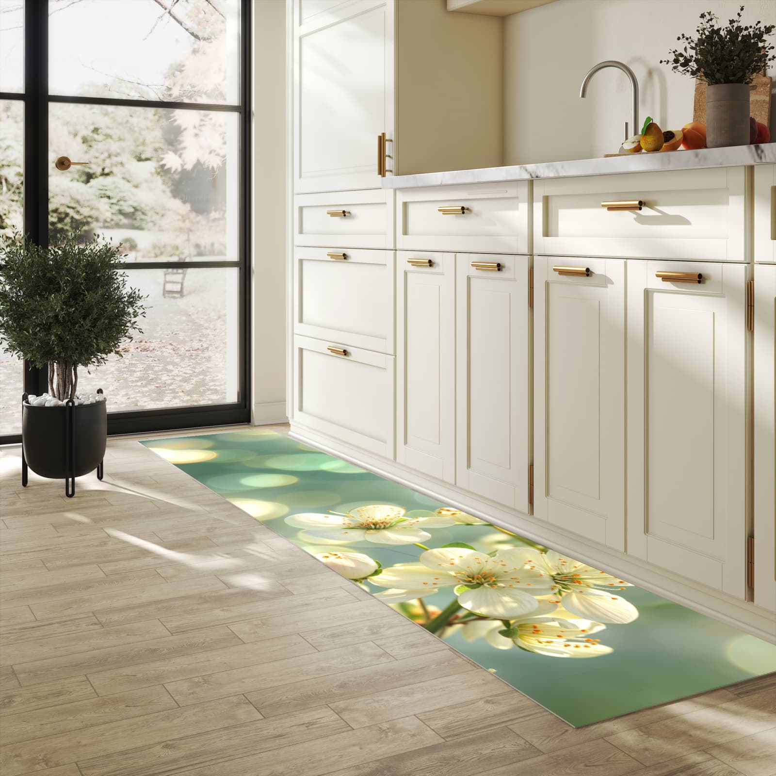 Langlebiger Küchenteppich mit Motiv Frühlingserwachen zeigt Produktvorteile