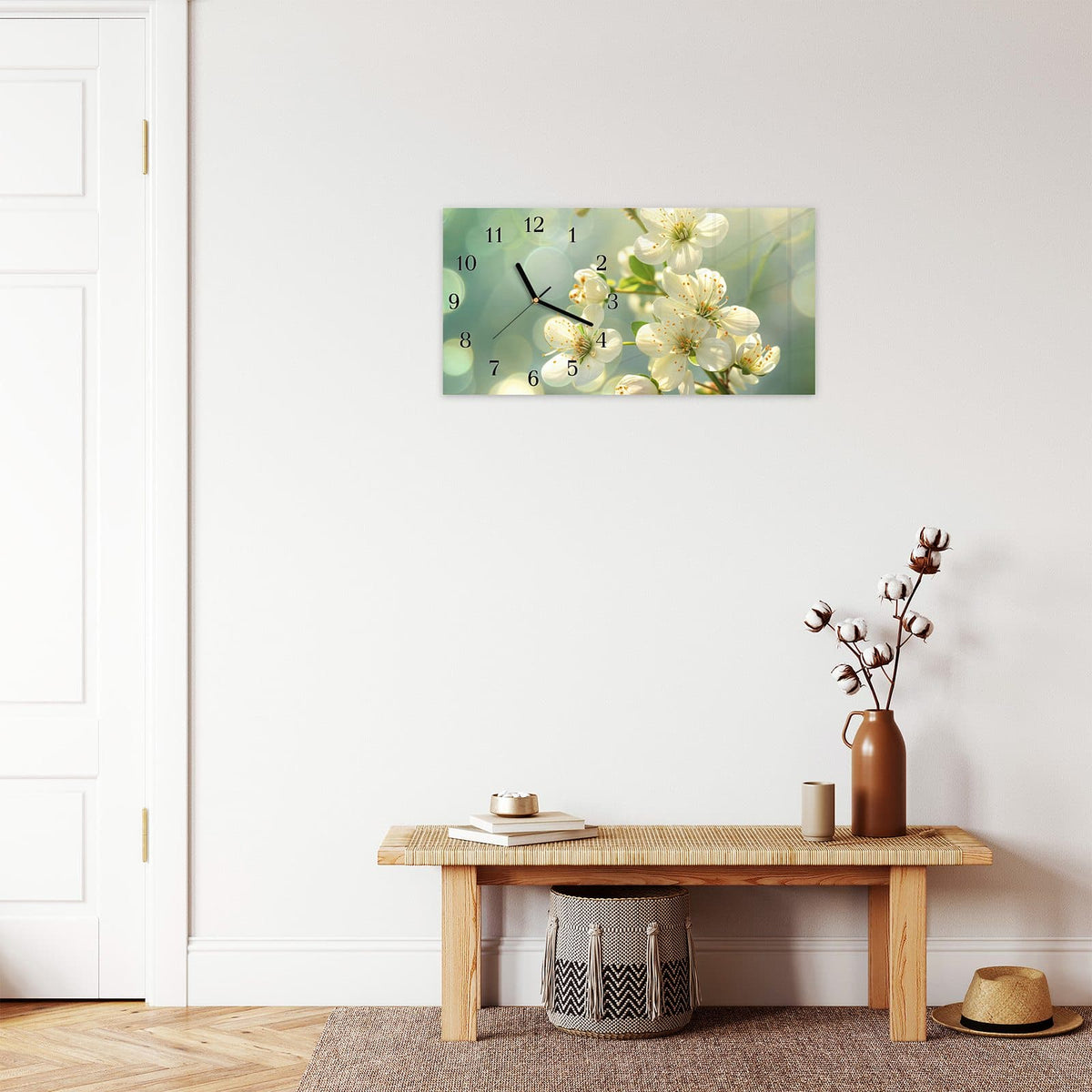 Moderne Wanduhr aus Glas mit Farbtiefe – Wanduhr Frühling erwacht aus Glas – Querformat 60 × 30 cm