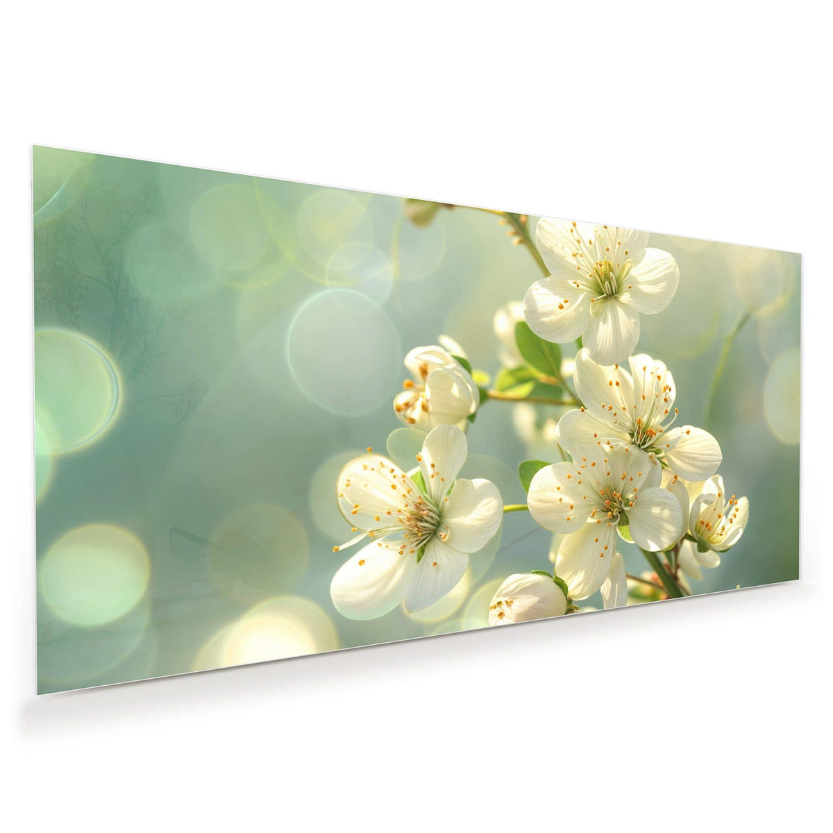 weiße Blüten mit gelben Staubgefäßen vor mintgrünem Bokeh