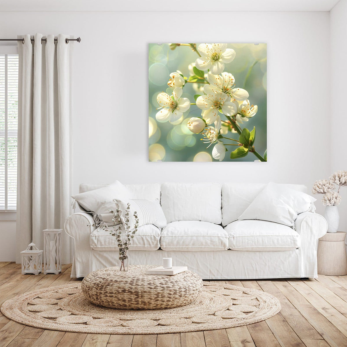 weiße Blüten mit gelben Staubgefäßen vor mintgrünem Bokeh