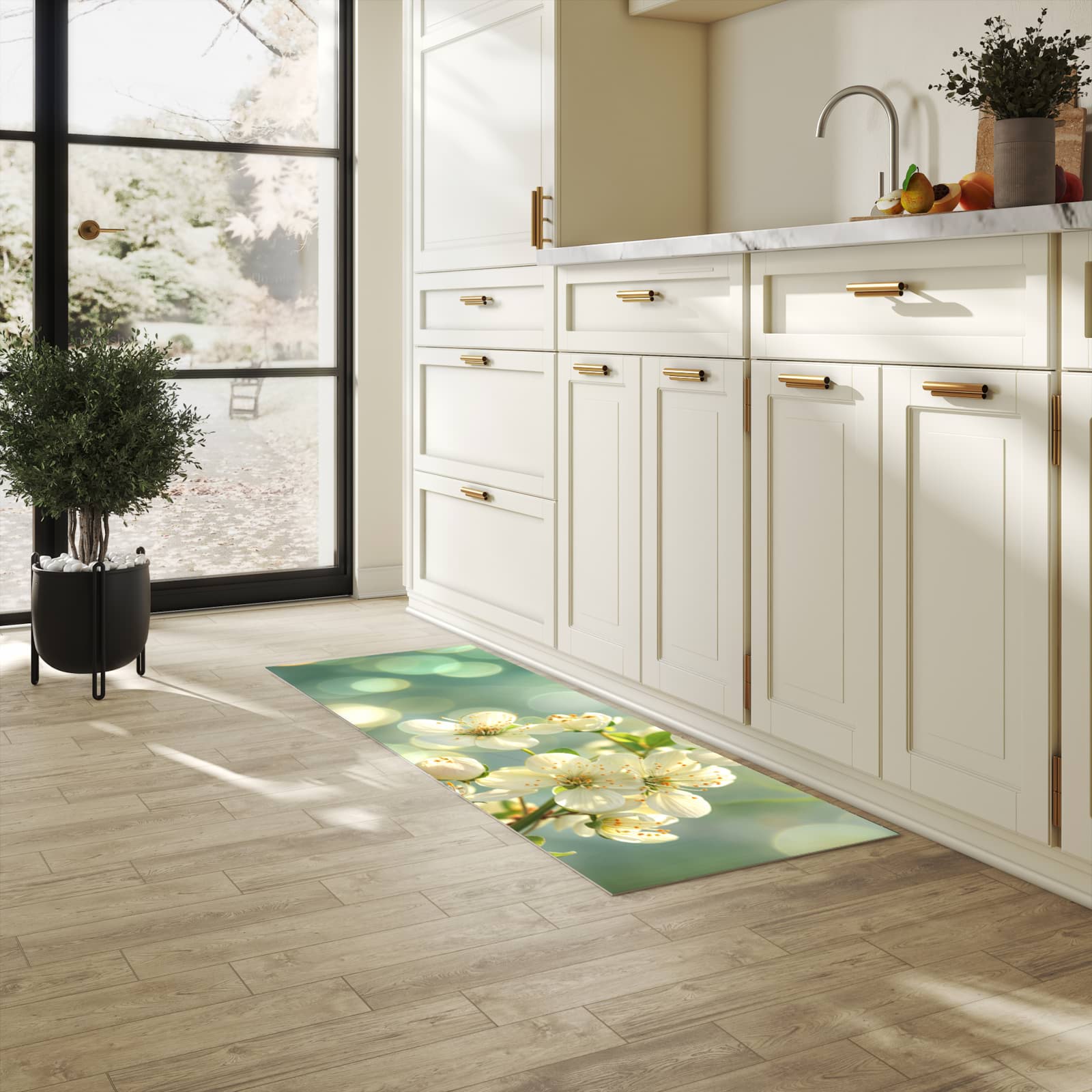 Formstabiler Küchenteppich mit Motiv Frühlingserwachen in der Grösse 60x180 cm