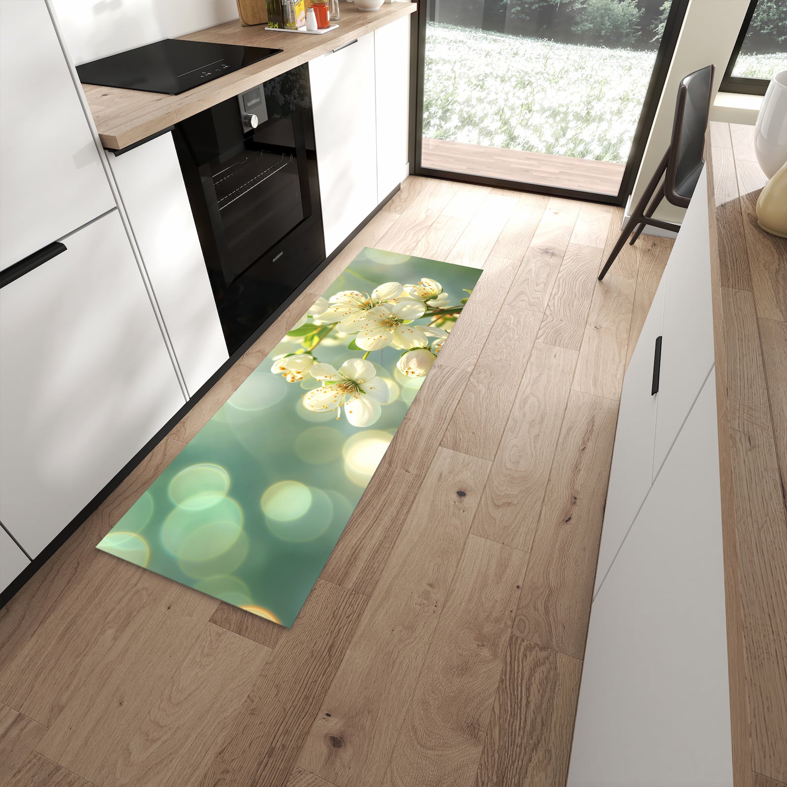 Dünner Küchenteppich mit Motiv Frühlingserwachen in moderner Küche für sicheres Aufbewahren
