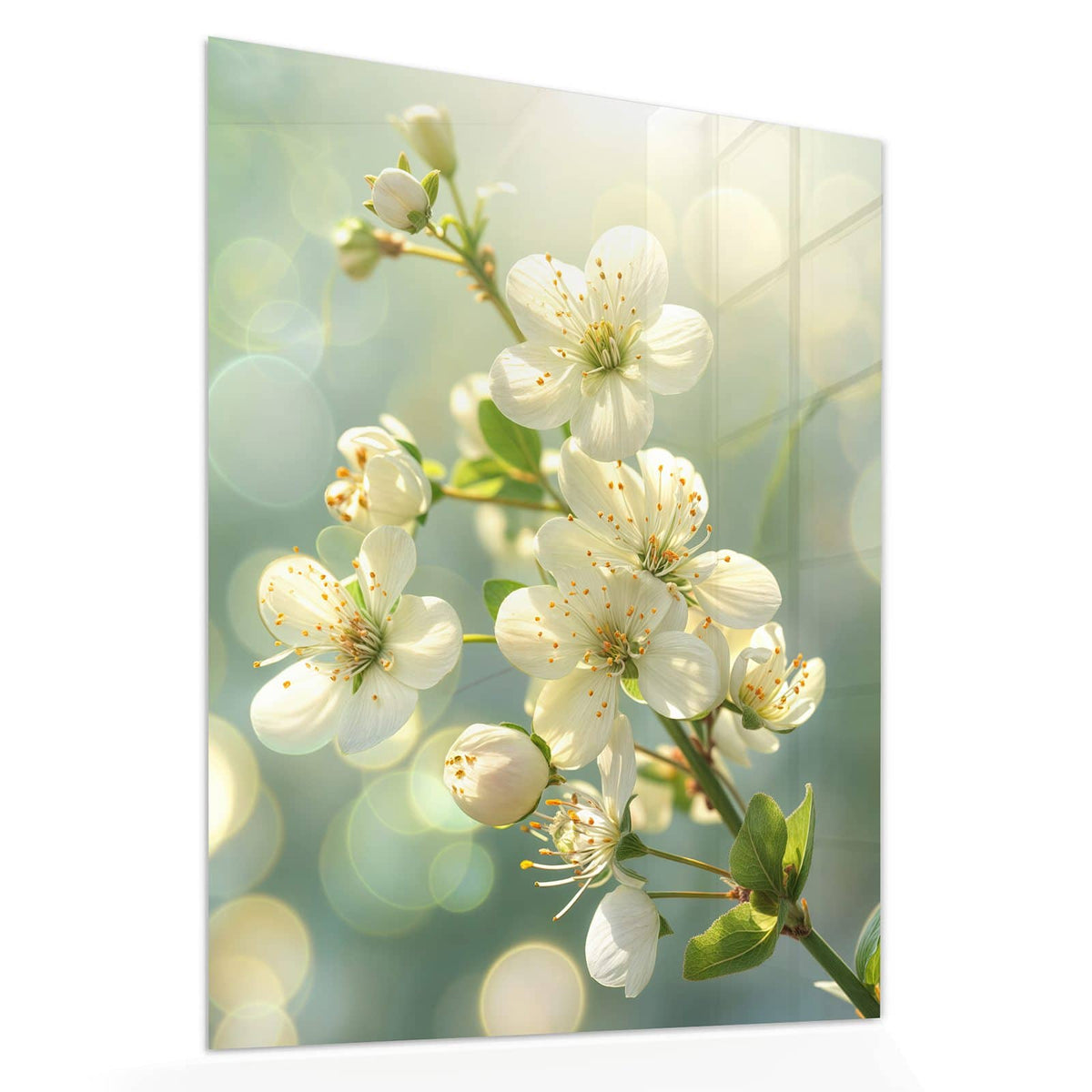 Echtglas, 4 mm – kein Acryl, keine Folie – Wandbild - Weiße Blüten vor Grün - Hochformat
