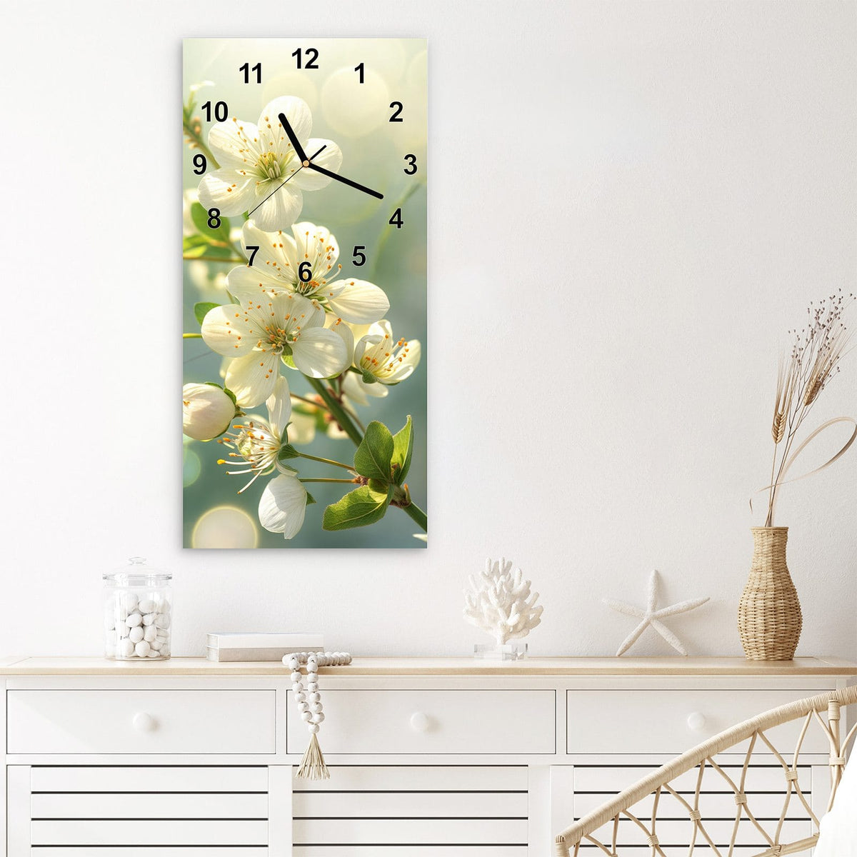 Wanduhr aus Glas im Hochformat Weiße Blüten vor Grün mit Ziffernblatt Modern über einem weißen Sideboard