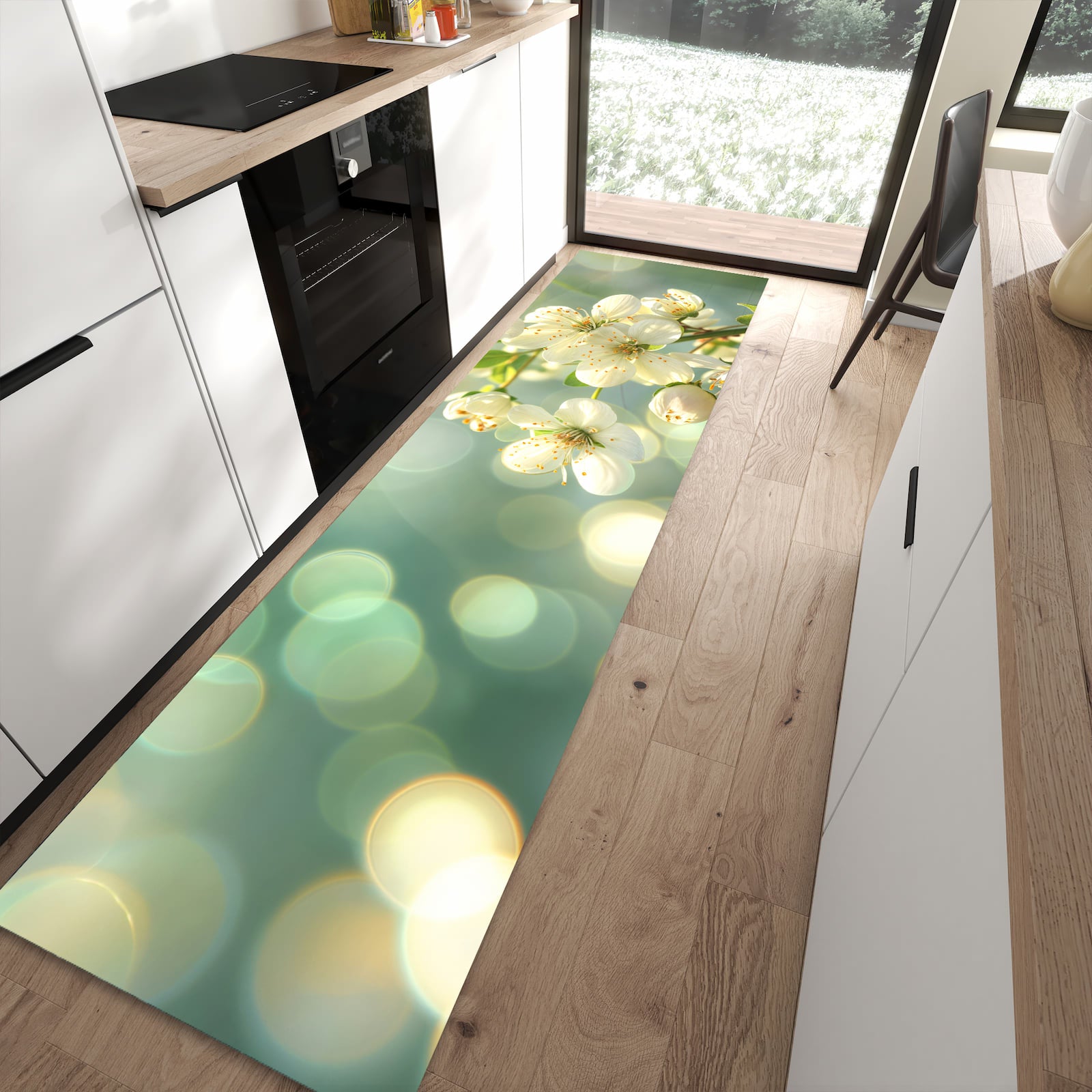 Schmutzabweisender Küchenteppich mit Motiv Frühlingserwachen in moderner Küche