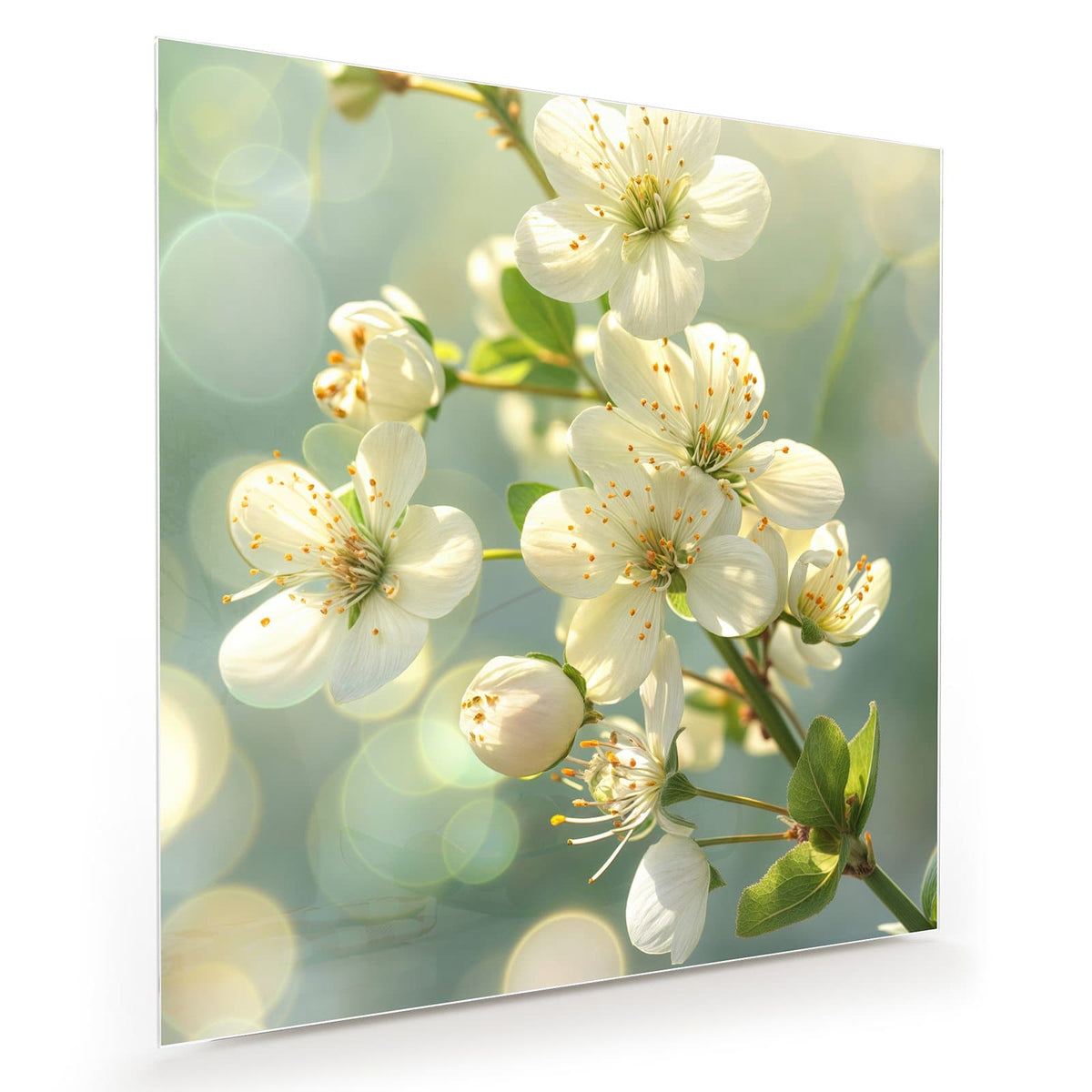 weiße Blüten mit gelben Staubgefäßen vor mintgrünem Bokeh
