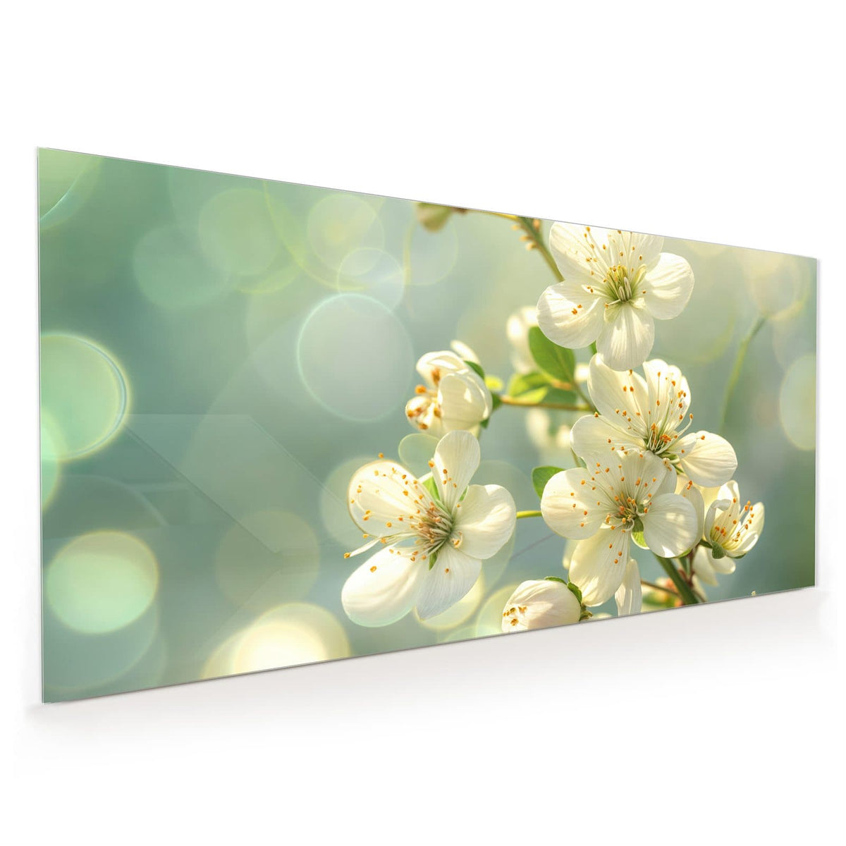 Küchenrückwand aus Glas im Hochformat: Weiße Blüten mit gelben Staubgefäßen vor mintgrünem Bokeh