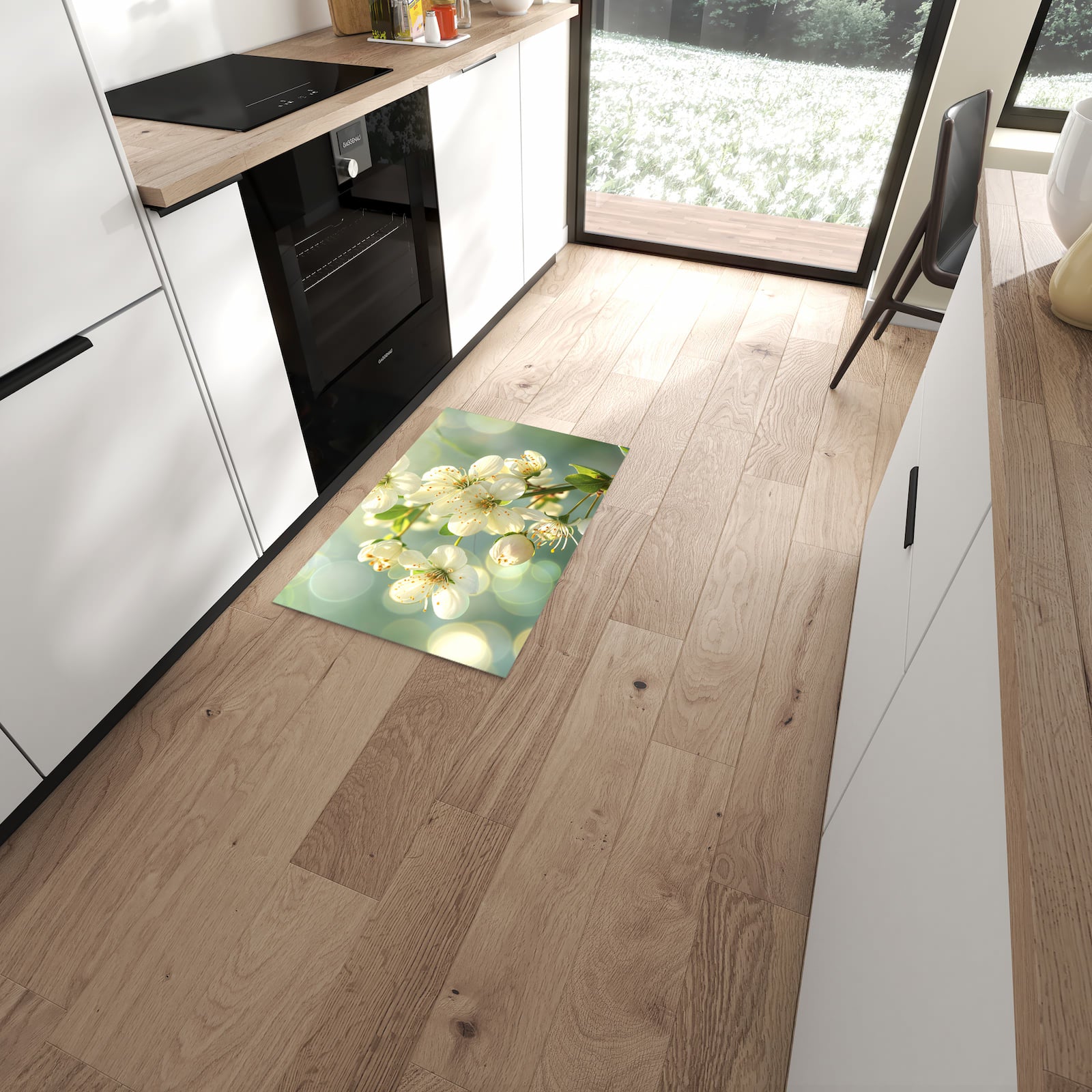 UV-beständiger waschbarer Teppich für Esstisch mit Motiv Frühlingserwachen in moderner Küche