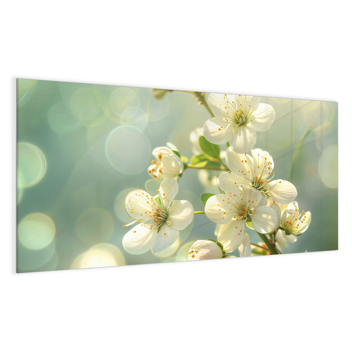 weiße Blüten mit gelben Staubgefäßen vor mintgrünem Bokeh