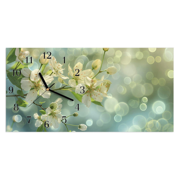 Wanduhr Fruehlingserwachen aus Glas – Querformat 60 × 30 cm mit Ziffernblatt Klassisch