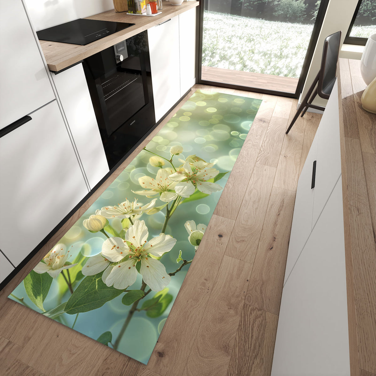 Küchenteppich Frühlingserwachen 80 × 280 cm vor der Küchenzeile auf hellem Holzboden