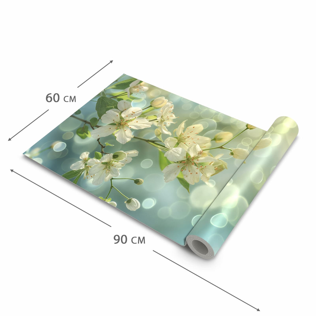 Küchenläufer Frühlingserwachen halb aufgerollt mit Maßangaben: Gesamtgröße 60 × 90 cm