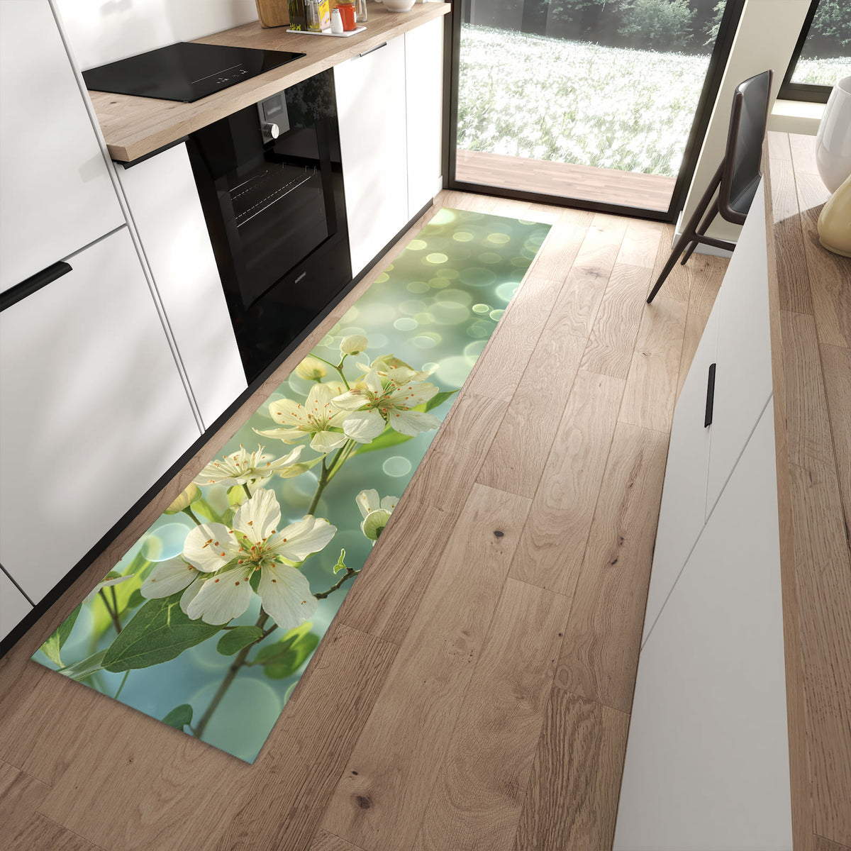 Küchenteppich Frühlingserwachen 60 × 270 cm vor der Küchenzeile auf hellem Holzboden