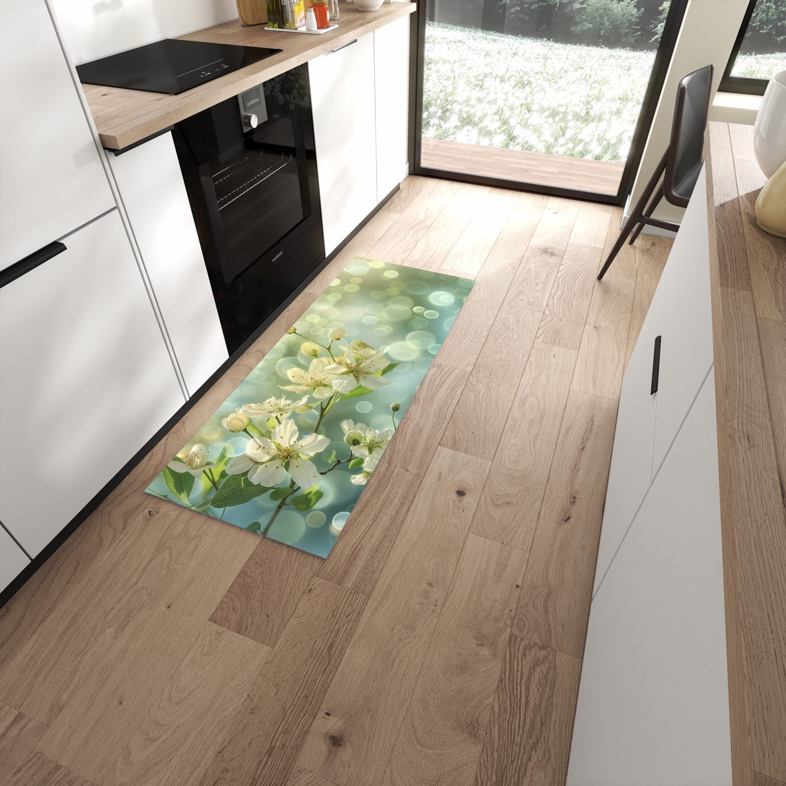 Wasserabweisender Küchenteppich mit Motiv Frühlingserwachen in Frontansicht