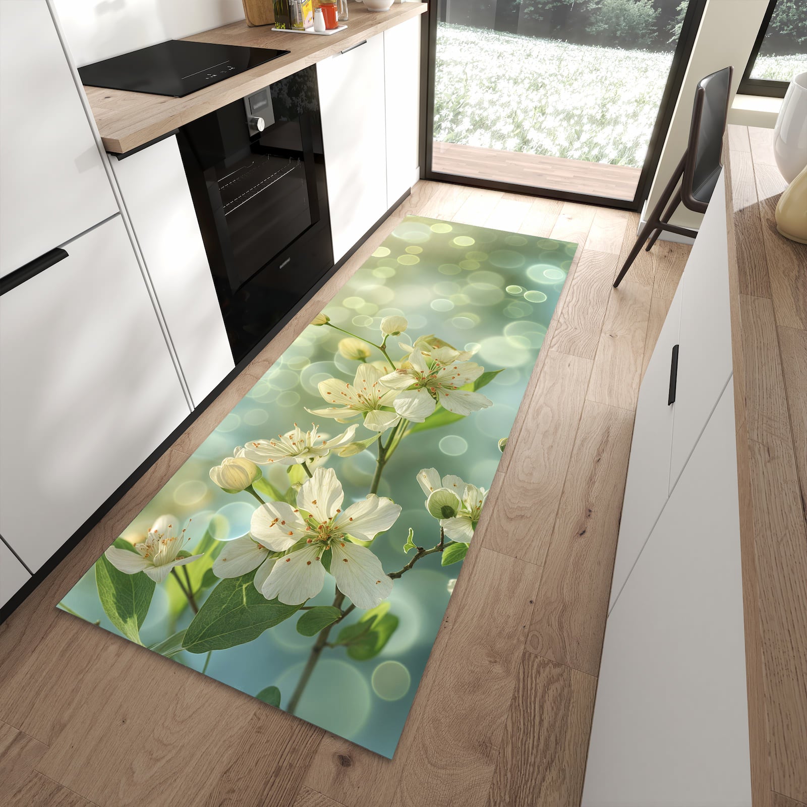Formstabiler Küchenläufer mit Motiv Frühlingserwachen in heller Küche