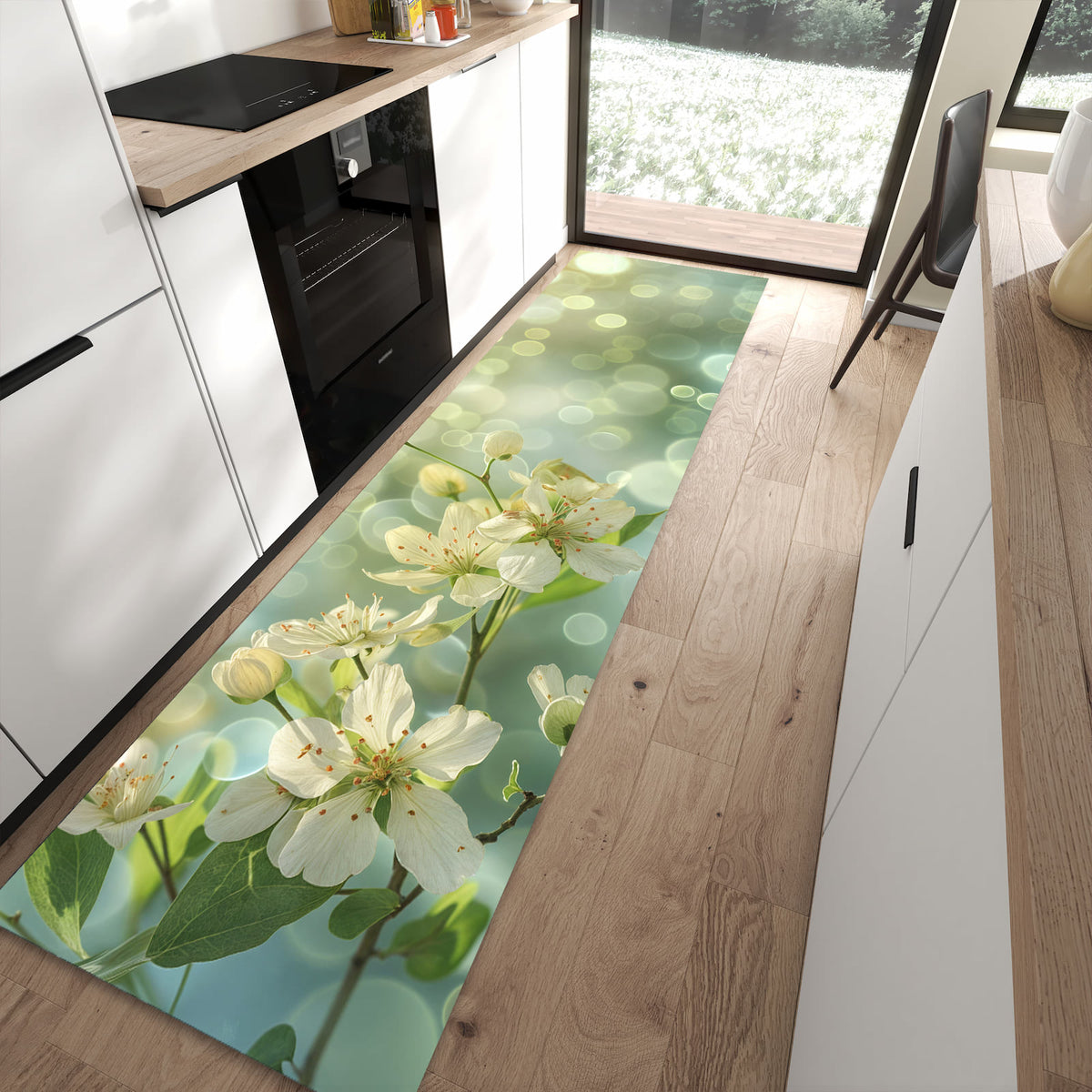Küchenteppich Frühlingserwachen 80 × 300 cm vor der Küchenzeile auf hellem Holzboden