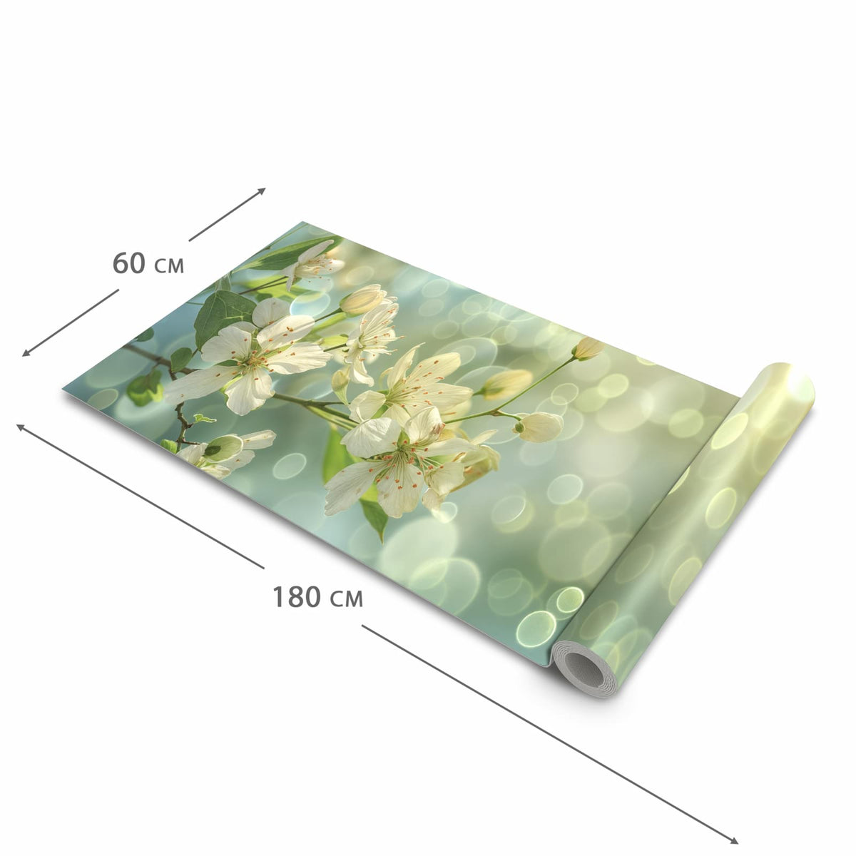 Küchenläufer Frühlingserwachen halb aufgerollt mit Maßangaben: Gesamtgröße 60 × 180 cm