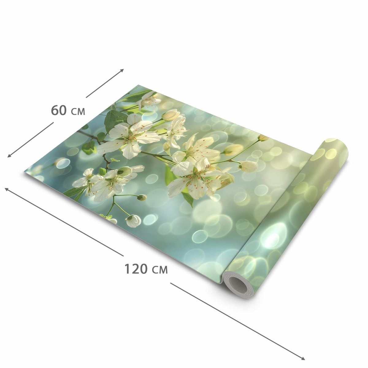 Küchenläufer Frühlingserwachen halb aufgerollt mit Maßangaben: Gesamtgröße 60 × 120 cm