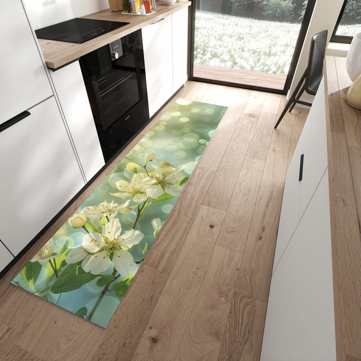 Küchenteppich Frühlingserwachen 60 × 240 cm vor der Küchenzeile auf hellem Holzboden