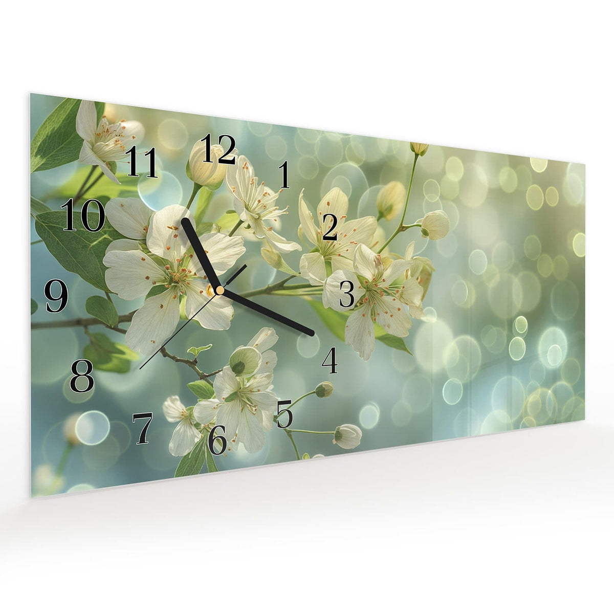 Vormontiert – mit Schwebeeffekt – Wanduhr Fruehlingserwachen aus Glas – Querformat 60 × 30 cm