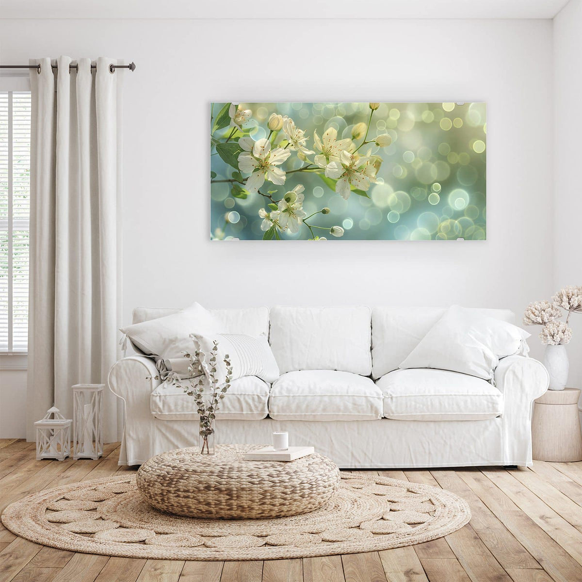 Wandbild - Frühlingserwachen - Querformat – Weiße Blüten zwischen hellgrünen Blättern