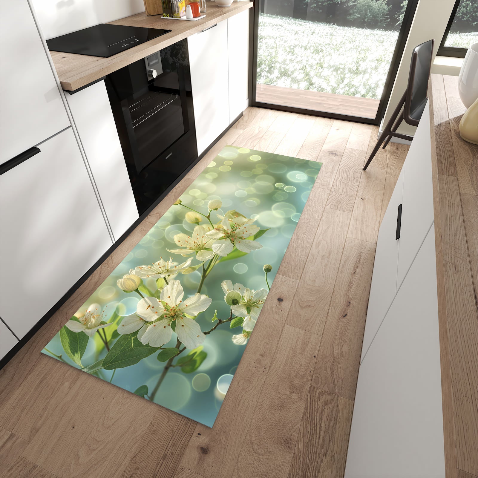Pflegeleichter Küchenvorleger mit Motiv Frühlingserwachen in Frontansicht