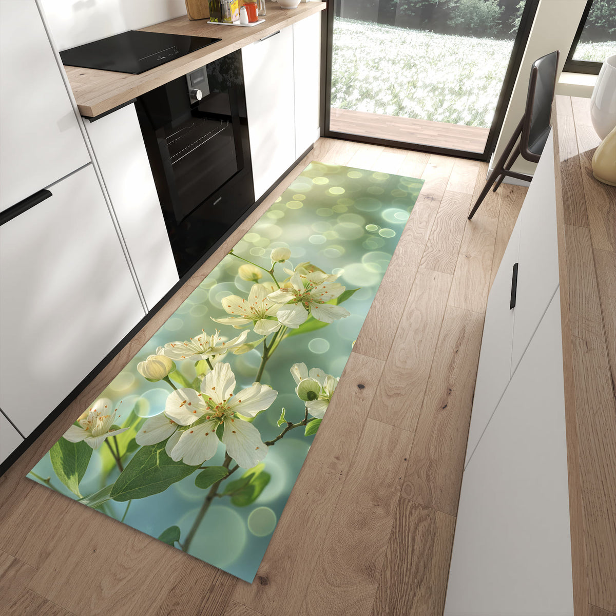 Küchenteppich Frühlingserwachen 80 × 250 cm vor der Küchenzeile auf hellem Holzboden