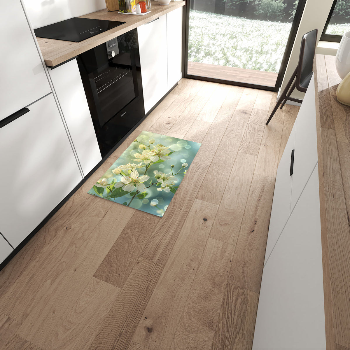 Küchenteppich Frühlingserwachen 60 × 90 cm vor der Küchenzeile auf hellem Holzboden