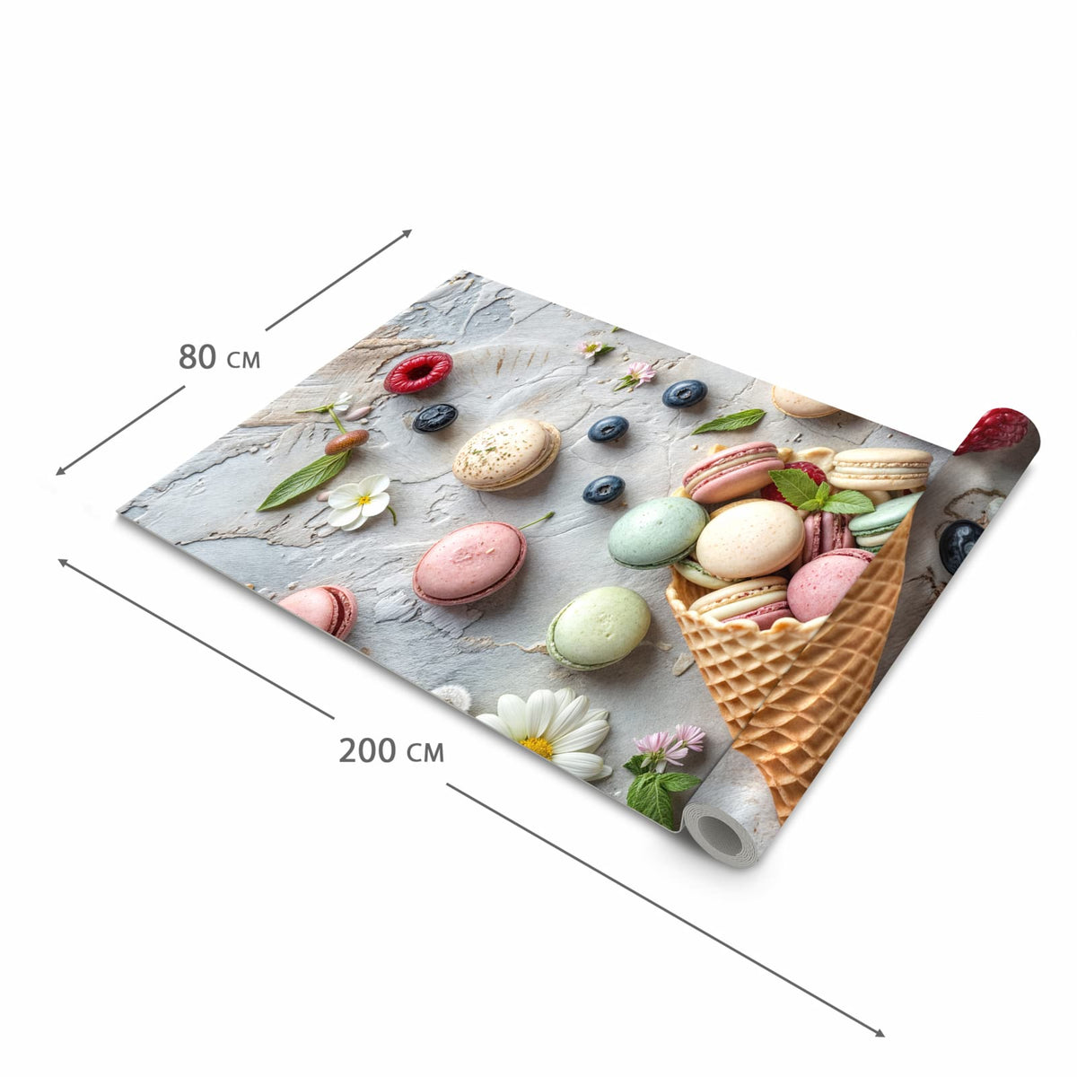 Flacher Küchenteppich mit Motiv Macarons im Sommer in der Grösse 60x150 cm, waschbar