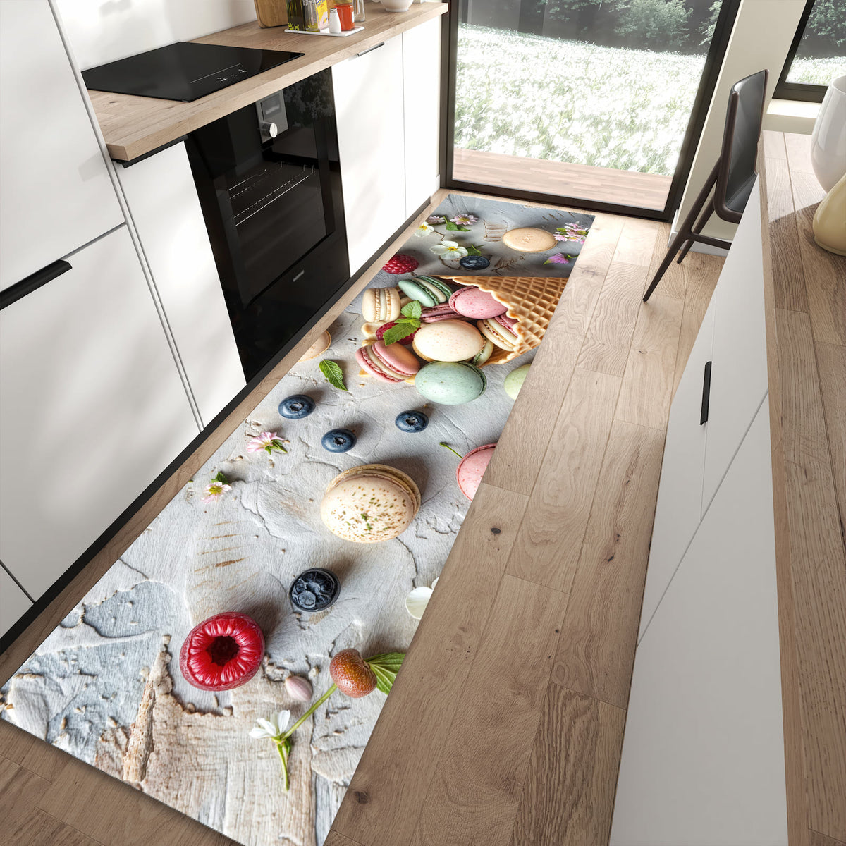 Bodenschonender waschbarer Läufer für die Küche mit Motiv Macarons im Sommer in moderner Küche