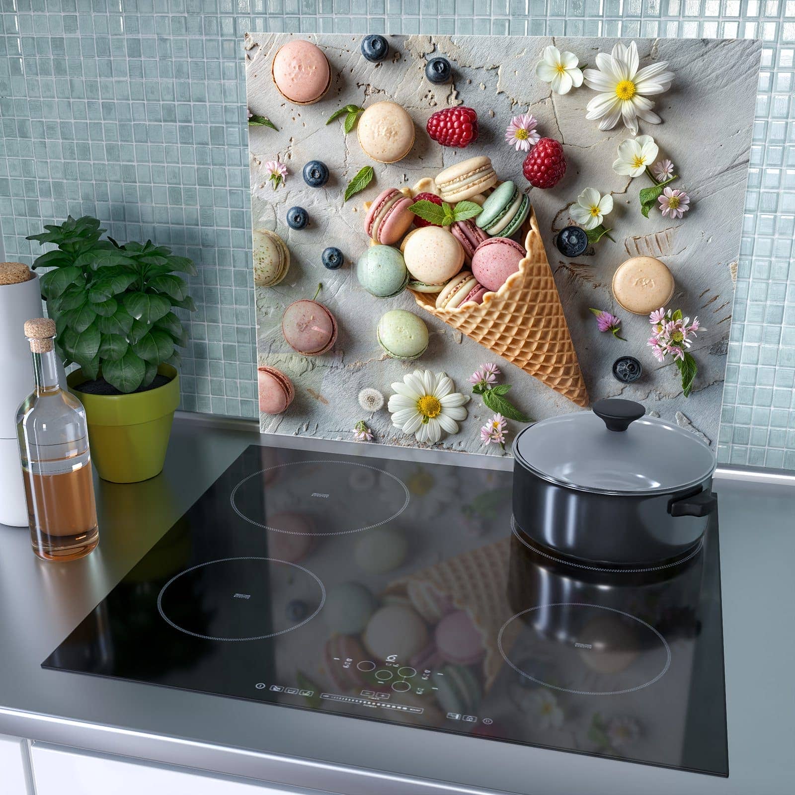 1-teilige Herdabdeckung aus Glas mit Macarons im Sommer-Motiv als Spritzschutz hinter dem Kochfeld