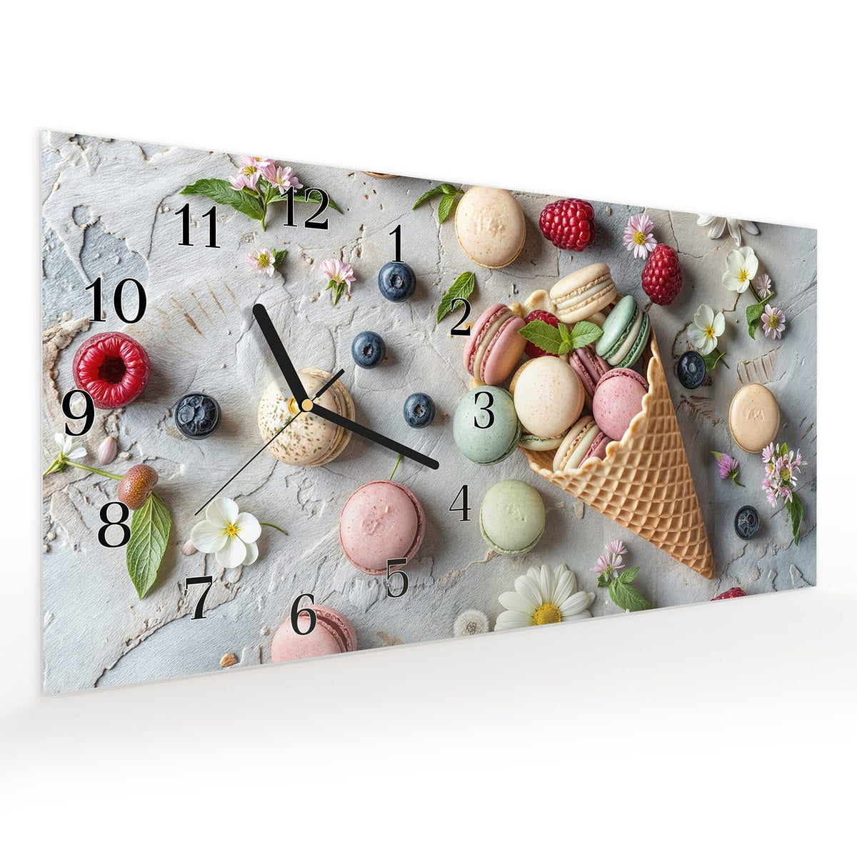 Vormontiert – mit Schwebeeffekt – Wanduhr Macarons im Sommer aus Glas – Querformat 60 × 30 cm