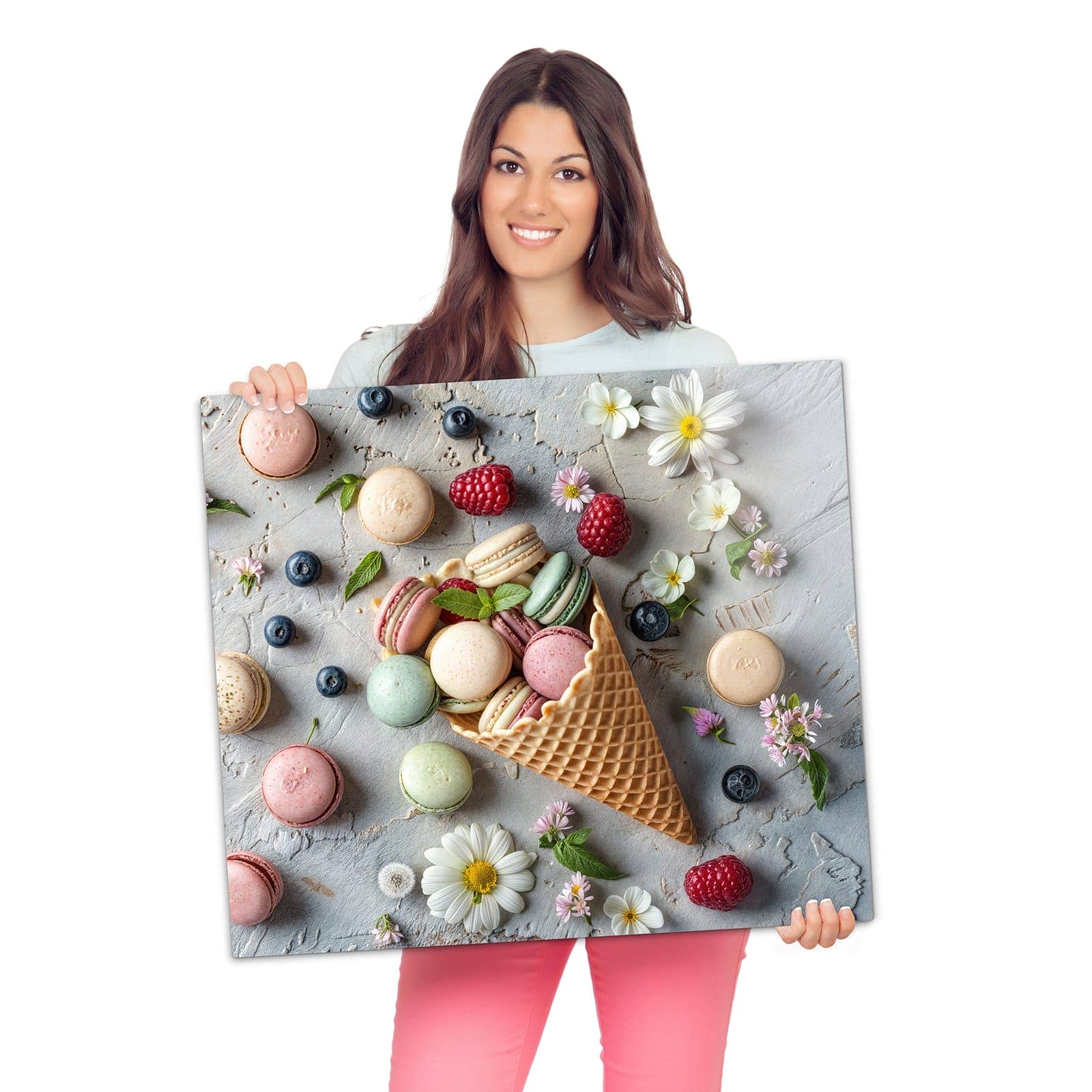 1-teilige Herdabdeckung mit Macarons im Sommer-Motiv wird zur Größendarstellung gehalten