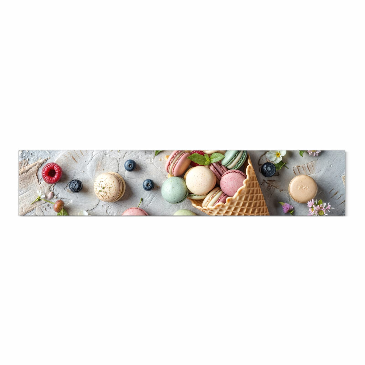 Formstabiler abwaschbarer Küchenteppich mit Motiv Macarons im Sommer in Frontansicht