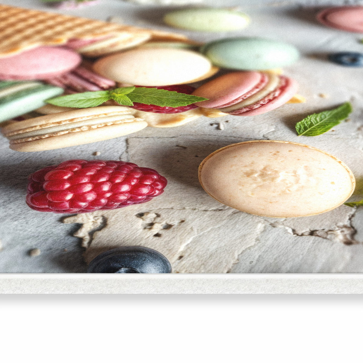 Farbbeständiger Küchenvorleger mit Motiv Macarons im Sommer in seitlicher Ansicht
