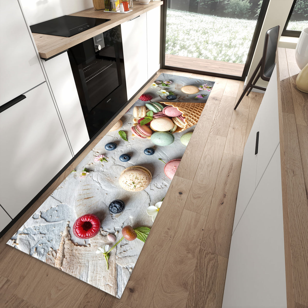 Feuchtigkeitsresistenter Teppichläufer mit Motiv Macarons im Sommer in moderner Küche