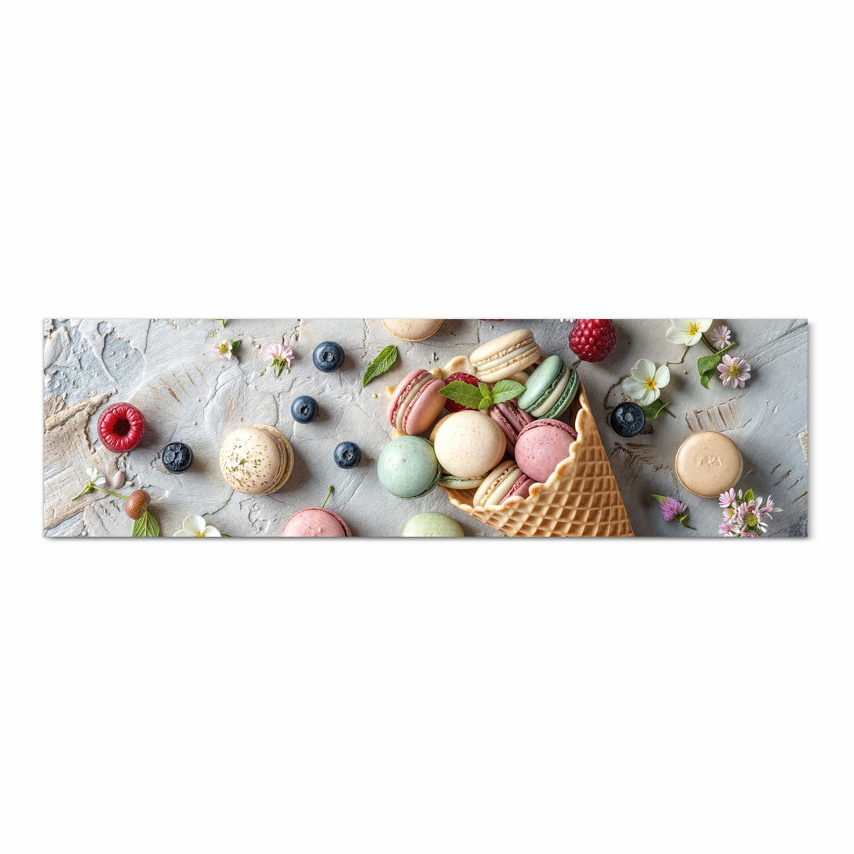Geräuschdämpfender Küchenteppich mit Motiv Macarons im Sommer in Frontansicht