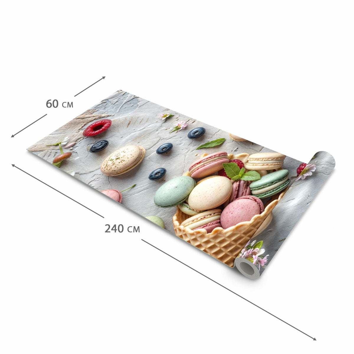 Fleckenresistenter Küchenteppich mit Motiv Macarons im Sommer in der Grösse 60x150 cm, waschbar