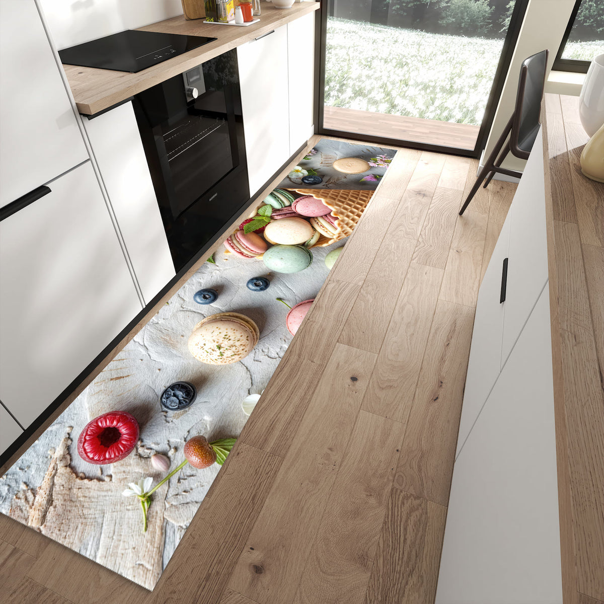 Strapazierfähiger Küchenvorleger mit Motiv Macarons im Sommer in moderner Küche