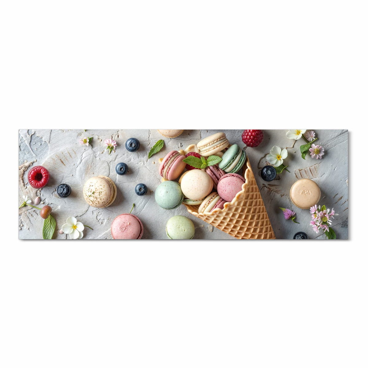 Waschbarer Küchenläufer mit Motiv Macarons im Sommer in Frontansicht für Ordnung
