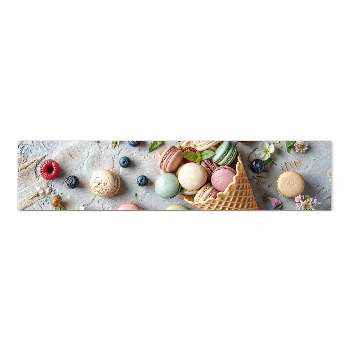 Farbbeständiger abwaschbarer Küchenläufer mit Motiv Macarons im Sommer in Frontansicht