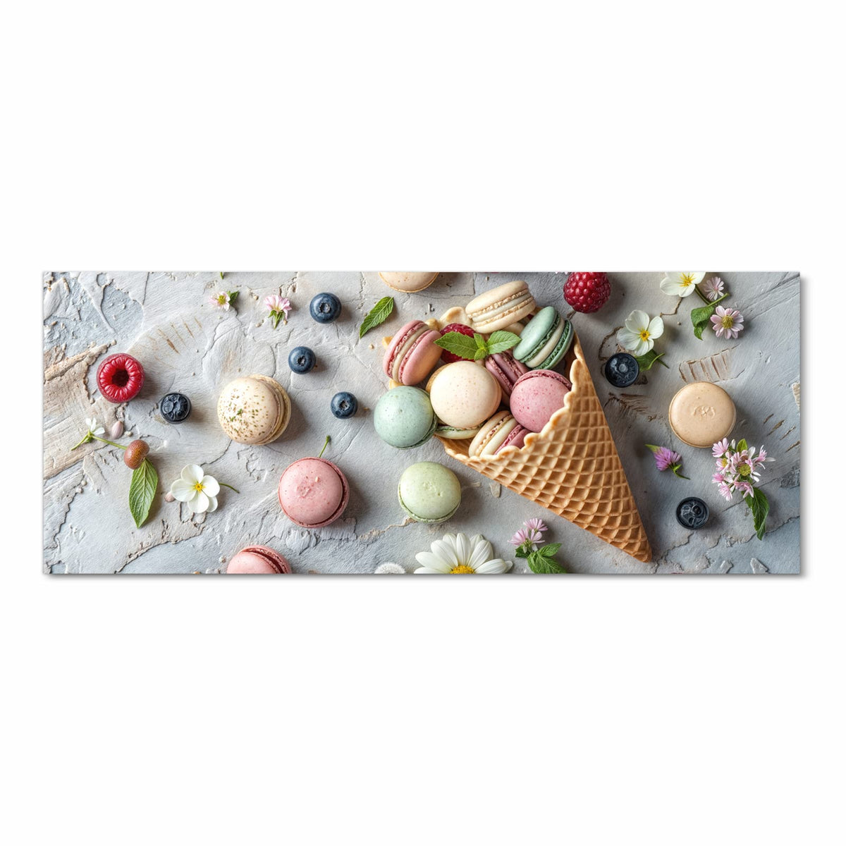 Bodenschonender Küchenläufer nach Maß mit Motiv Macarons im Sommer in Frontansicht