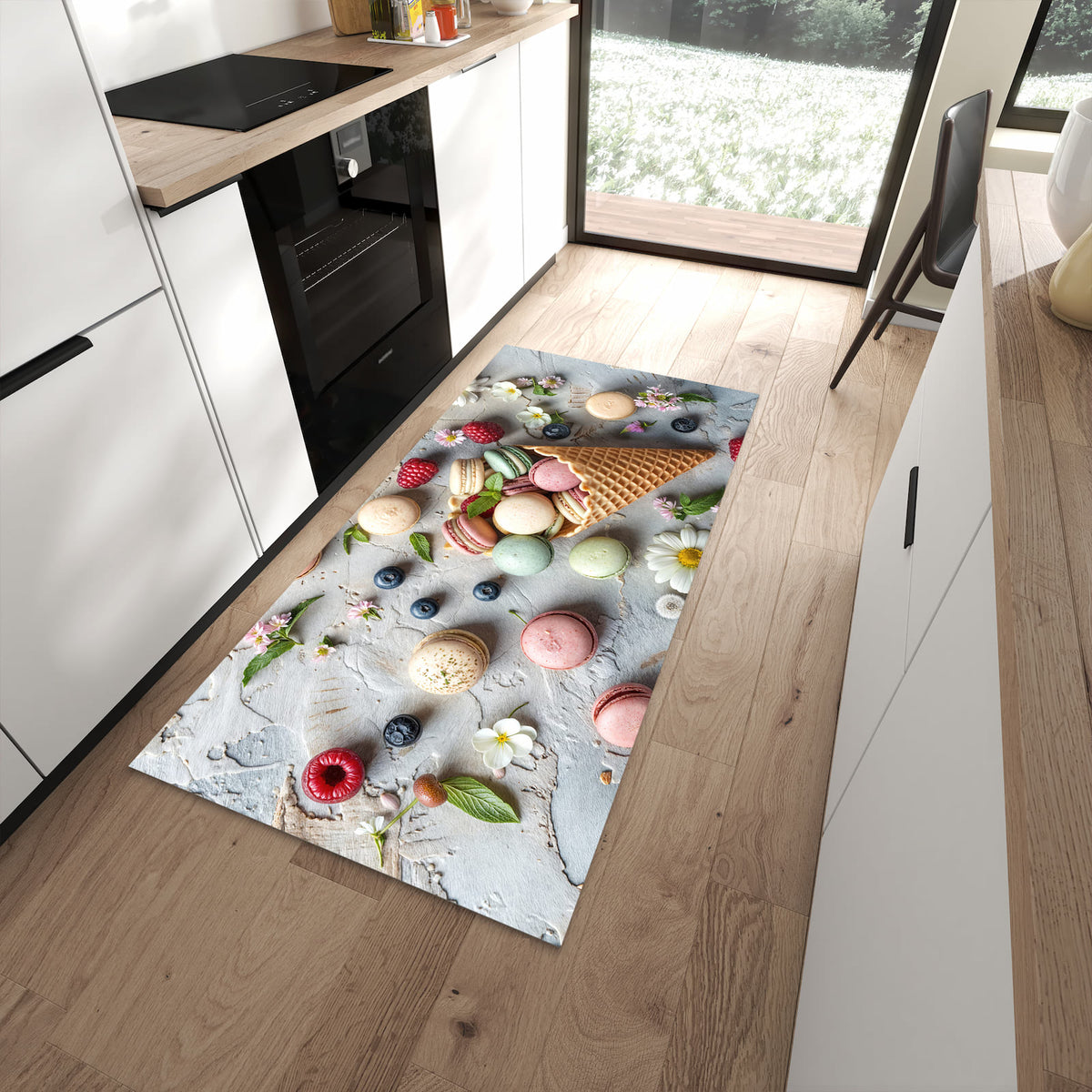 Waschbarer Küchenläufer mit Motiv Macarons im Sommer für Ordnung in moderner Küche