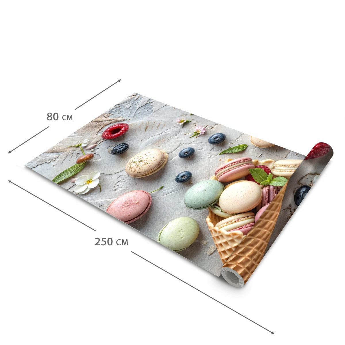 Pflegeleichter Küchenläufer mit Motiv Macarons im Sommer in der Grösse 60x180 cm